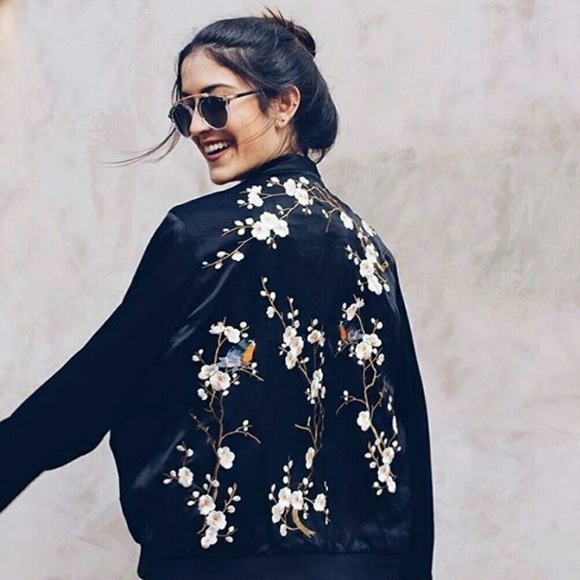 Zara | Floral Embroidered Satin Bomber Jacket - Picture 6 of 13